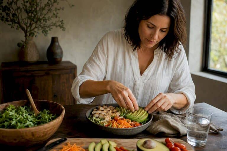 Hands plating balanced healthy meal in kitchen